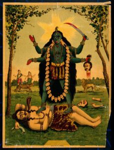 Kali - V0045066 Kali; standing triumphantly over Shiva. Chromolitho<br /> Credit: Wellcome Library, London. Wellcome Images<br /> images@wellcome.ac.uk<br /> http://wellcomeimages.org<br /> Kali standing triumphantly over Shiva. Chromolithograph.<br /> Published: [n.d.]<br /> Copyrighted work available under Creative Commons Attribution only licence CC BY 4.0 http://creativecommons.org/licenses/by/4.0/